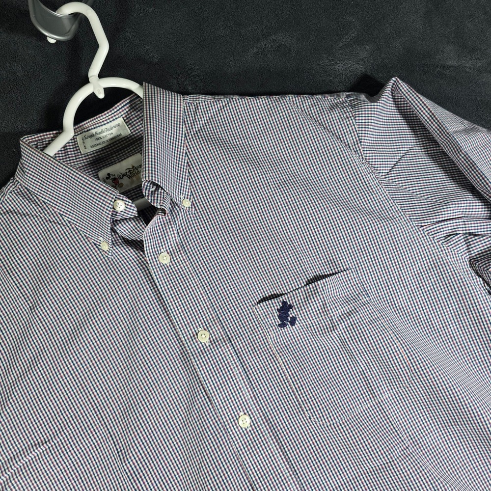 Walt Disney World Button Down Shirt Gingham Checkered‎ Embroidered Logo Mens L